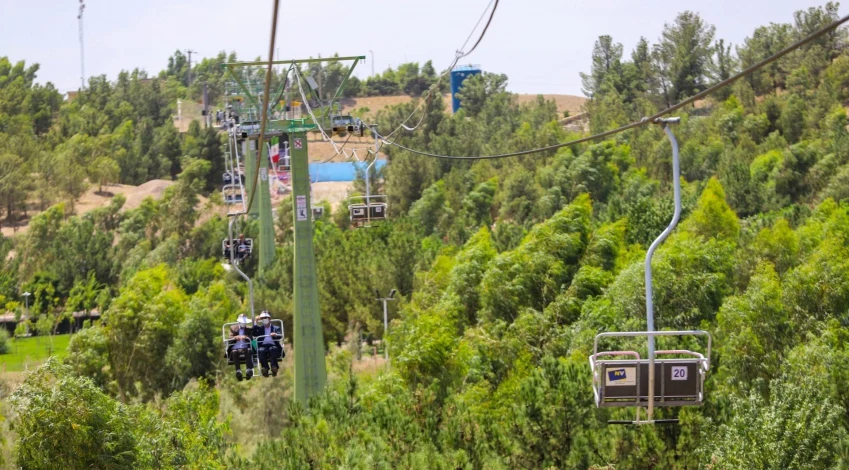 Riders on Alavi Park's two-person chairlift gliding above a dense green forest of pines