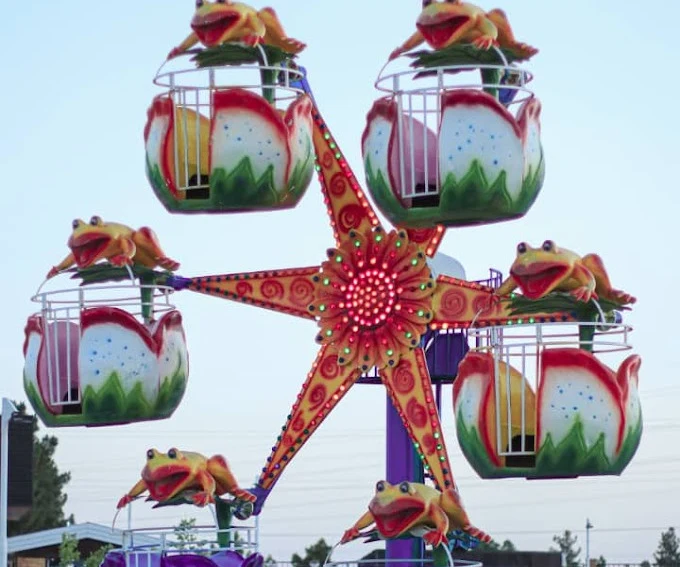 A children's ferris wheel with lotus-flower cars topped by smiling frogs, lit up at dusk