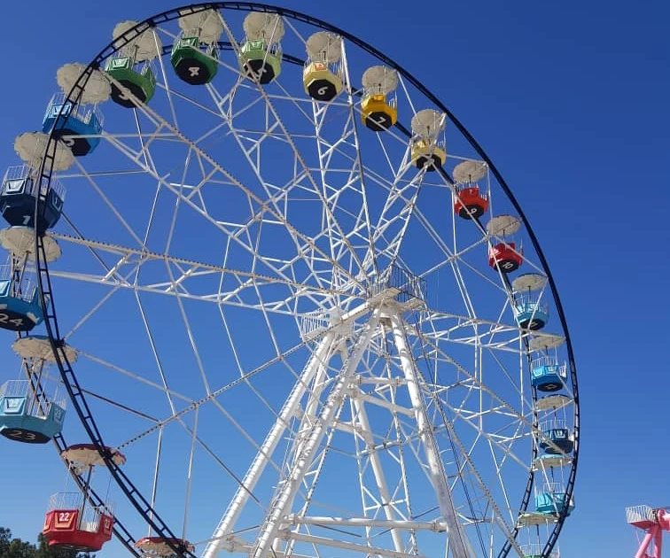 A large ferris wheel with numbered colourful cabins against a deep blue sky at Ghadeer Park