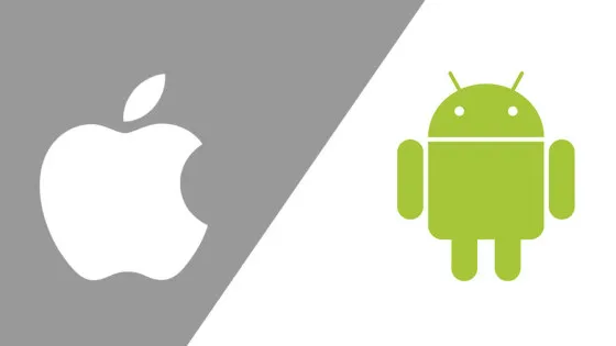 A split graphic with the white Apple logo on a grey background on the left and the green Android robot on a white background on the right