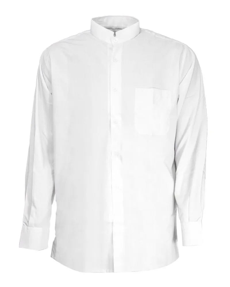 A plain white collarless long-sleeved shirt with a chest pocket — the traditional talabeh shirt worn by seminary students