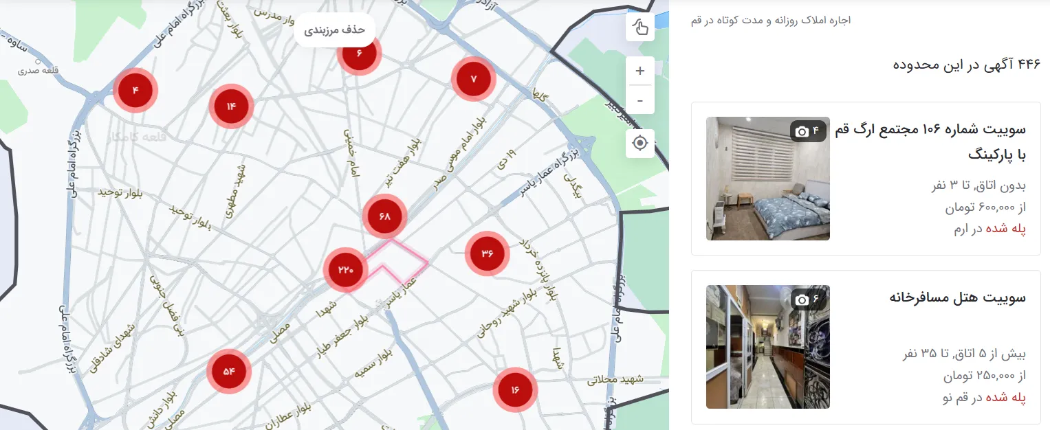 A Divar.ir short-term rental search for Qum: a street map dotted with red clusters showing how many listings sit in each area, beside a results panel headed 'daily and short-term property rental in Qum' with 446 listings — a suite in the Arg-e Qom complex from 600,000 tomans and a musafir khane suite from 250,000 tomans