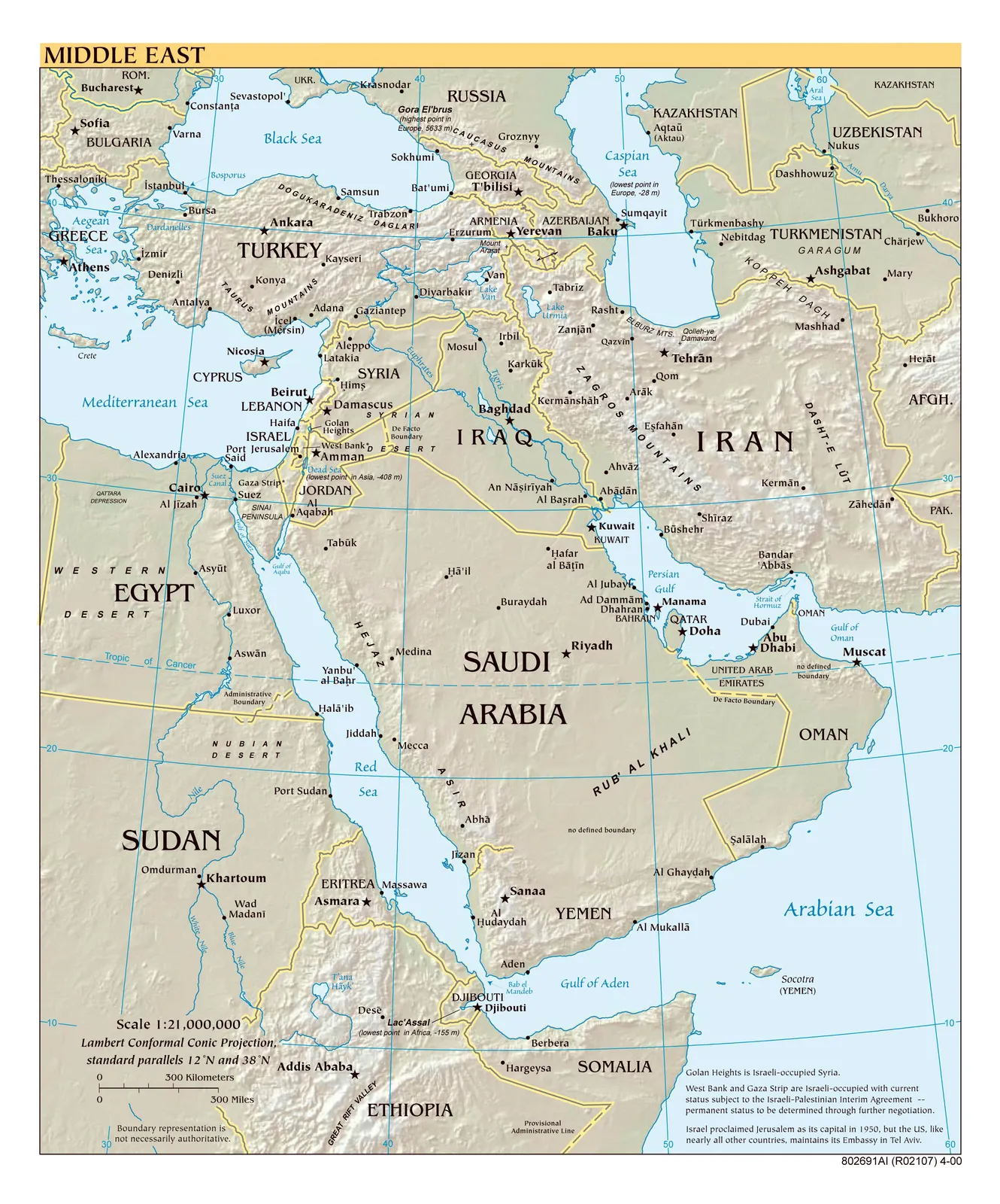 Physical relief map of the Middle East showing Iran and its neighbouring countries, with Qom marked just south of Tehran