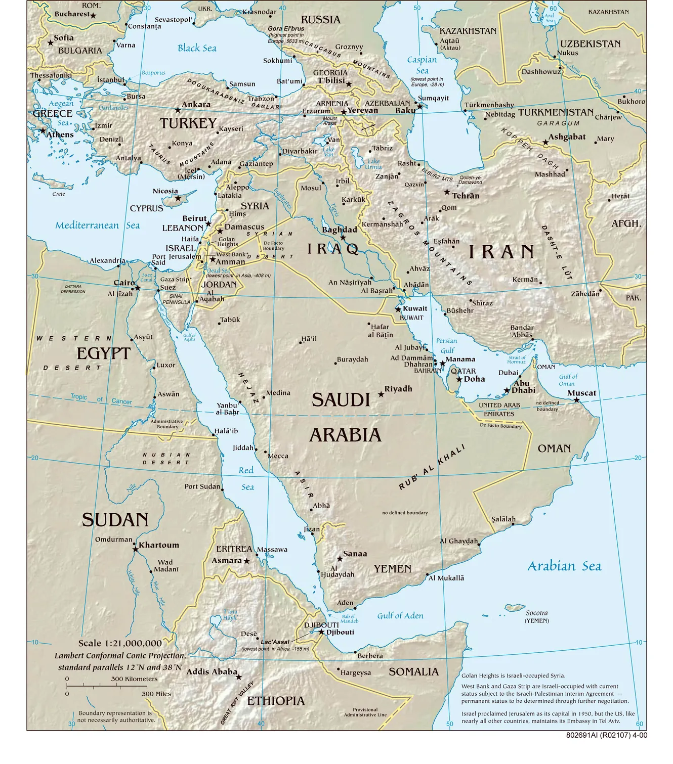 Physical relief map showing Iran and its neighbouring countries, with Qom marked just south of Tehran