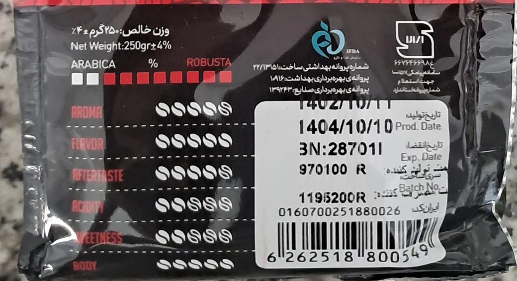Close-up of an Iranian product label showing the production date, expiry date, batch number and barcode