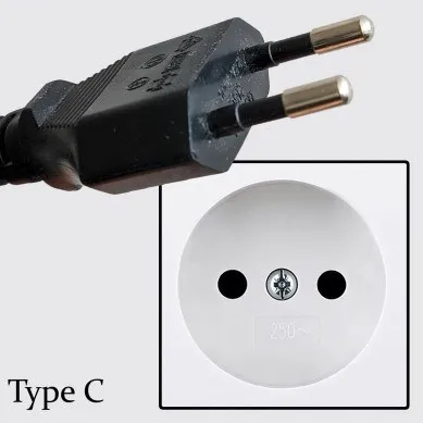 A black Type C two-round-pin plug beside a matching white round wall socket