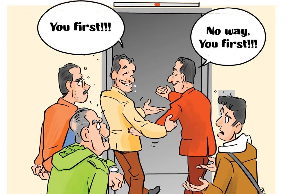 A humorous cartoon of two Iranian men at a doorway, each insisting 'You first!' and 'No way, you first!' while others wait behind them — illustrating the ritual politeness of ta'aruf