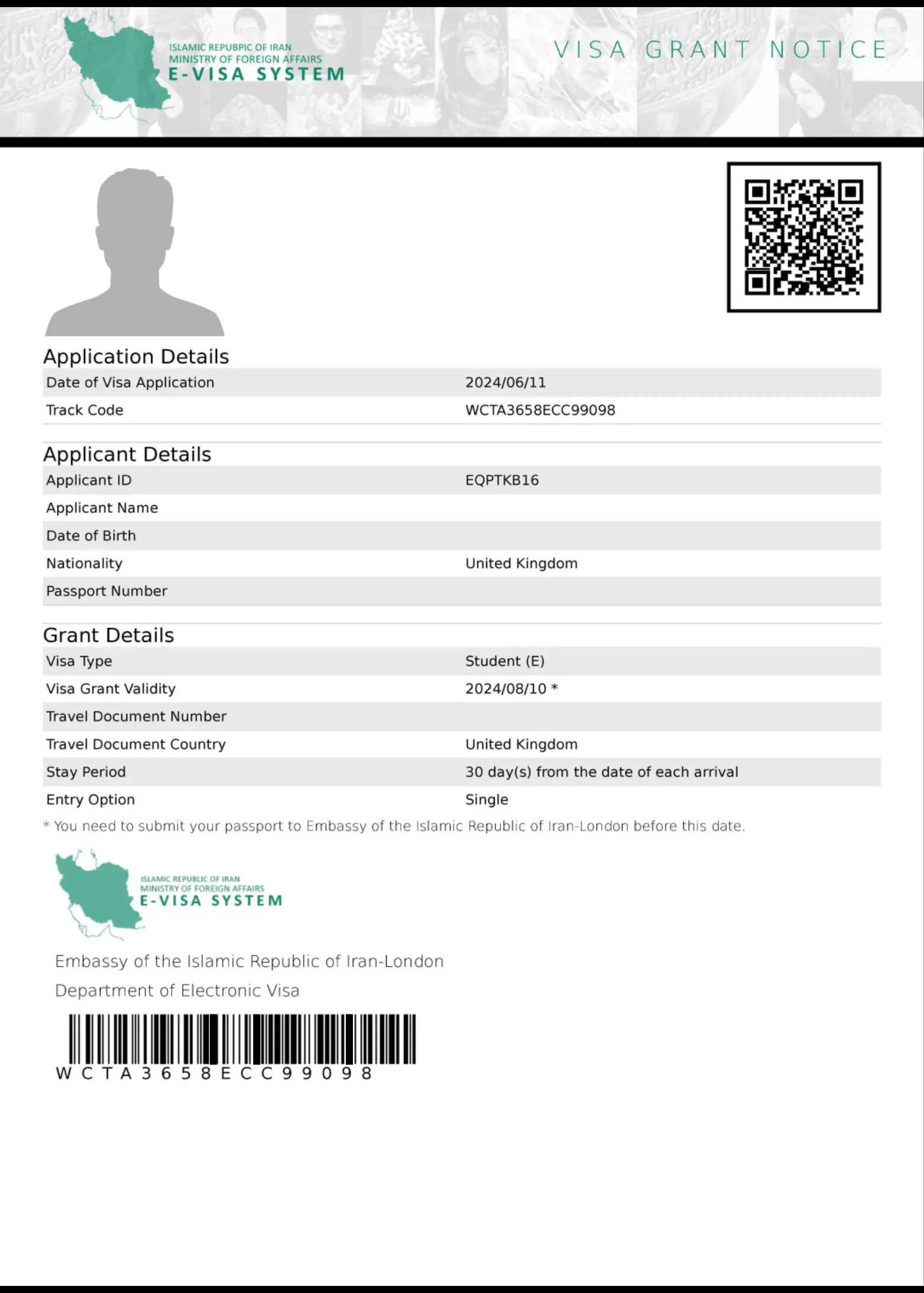 A Visa Grant Notice from Iran's Ministry of Foreign Affairs E-Visa System, showing application, applicant and grant details for a student visa, with a QR code and barcode